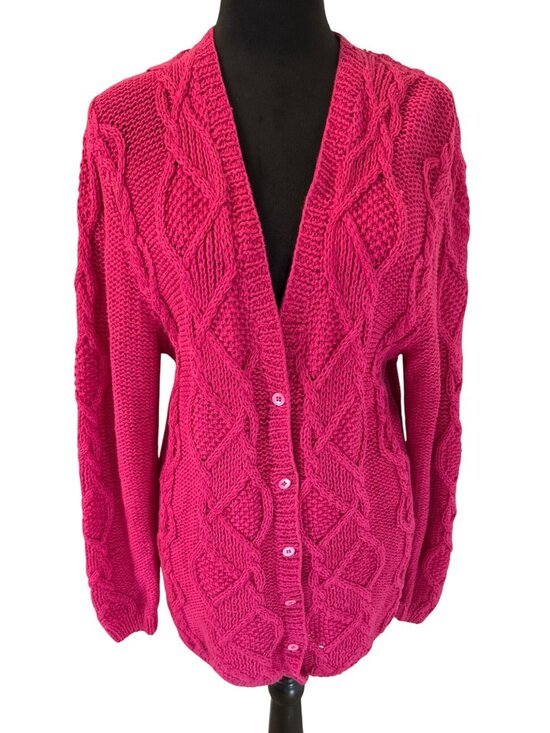 Lauren Hansen Sweaters - Vintage Lauren Hansen Size S Hand Knit Raspberry Pink Cable Knit Cardigan Cozy
